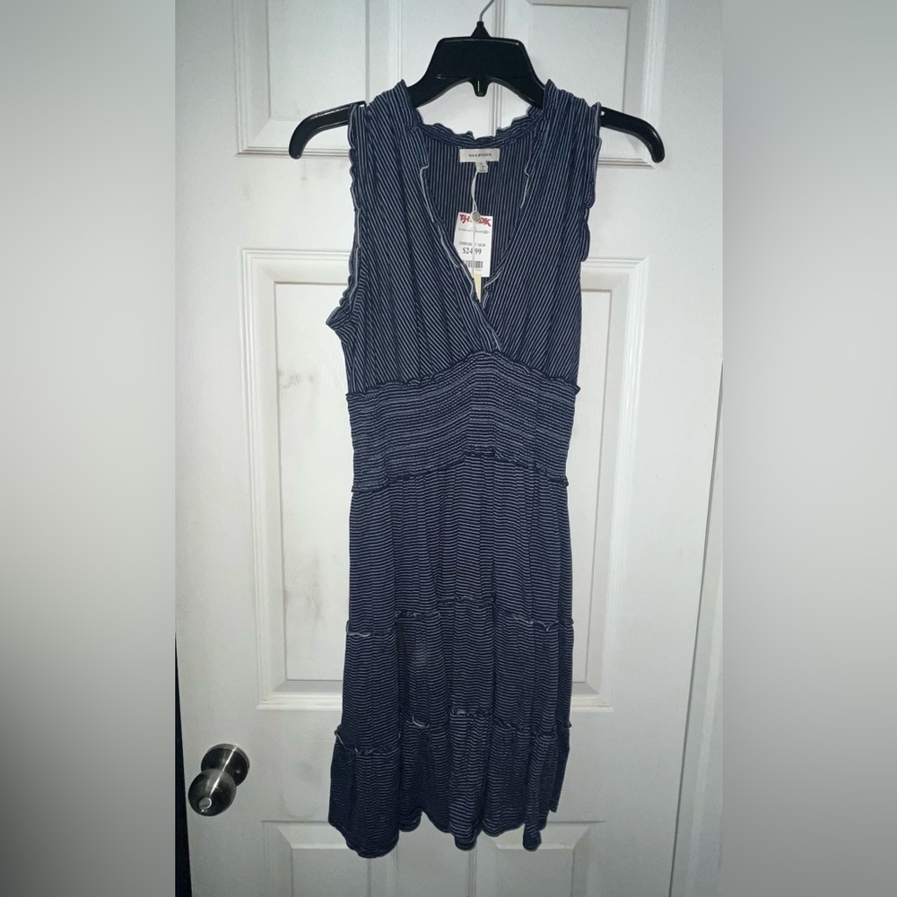 Max Studio Navy and White Striped Midi Dress